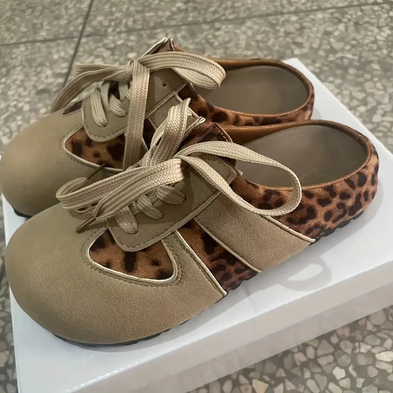 Mules fille à lacets motif léopard – Sabots décontractés en suédine confortable