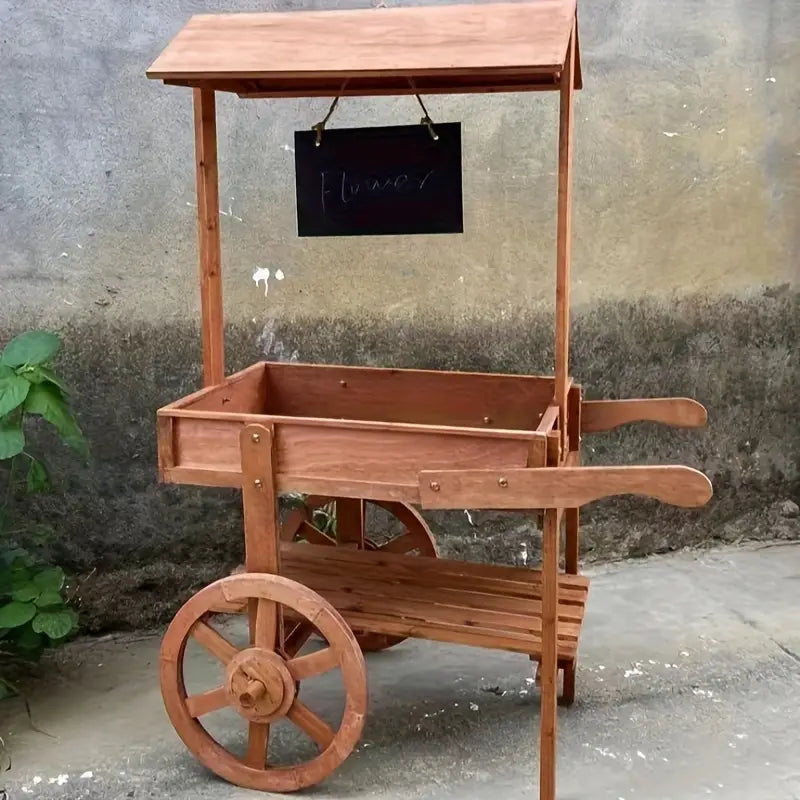 Chariot porte-fleurs en bois avec toit Décoration extérieure élégante pour jardin, terrasse ou balcon