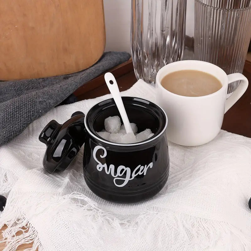 Pot à Sucre en Céramique avec Couvercle et Cuillère – Design Vintage pour Cuisine ou Petit-Déjeuner Chic