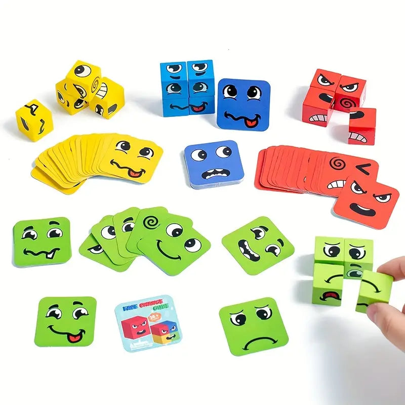 Cubes Casse-Tête Émotions – Puzzle Éducatif en Bois Coloré pour Enfants avec Visages Amusants