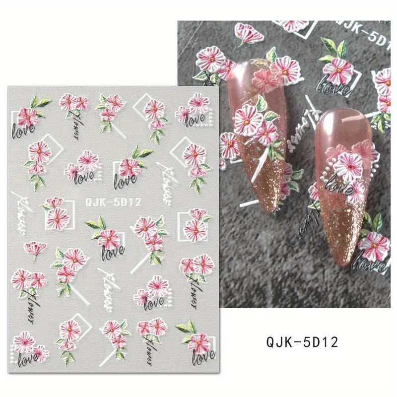 Stickers Nail Art Fleurs 3D – Décorations Ongles Autocollantes pour Manucure Florale Élégante