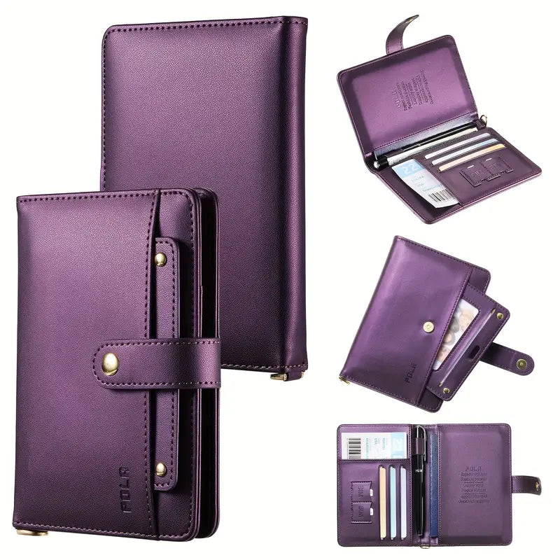 Porte-passeport femme élégant en cuir synthétique Organiseur de voyage compact avec compartiments cartes et stylos