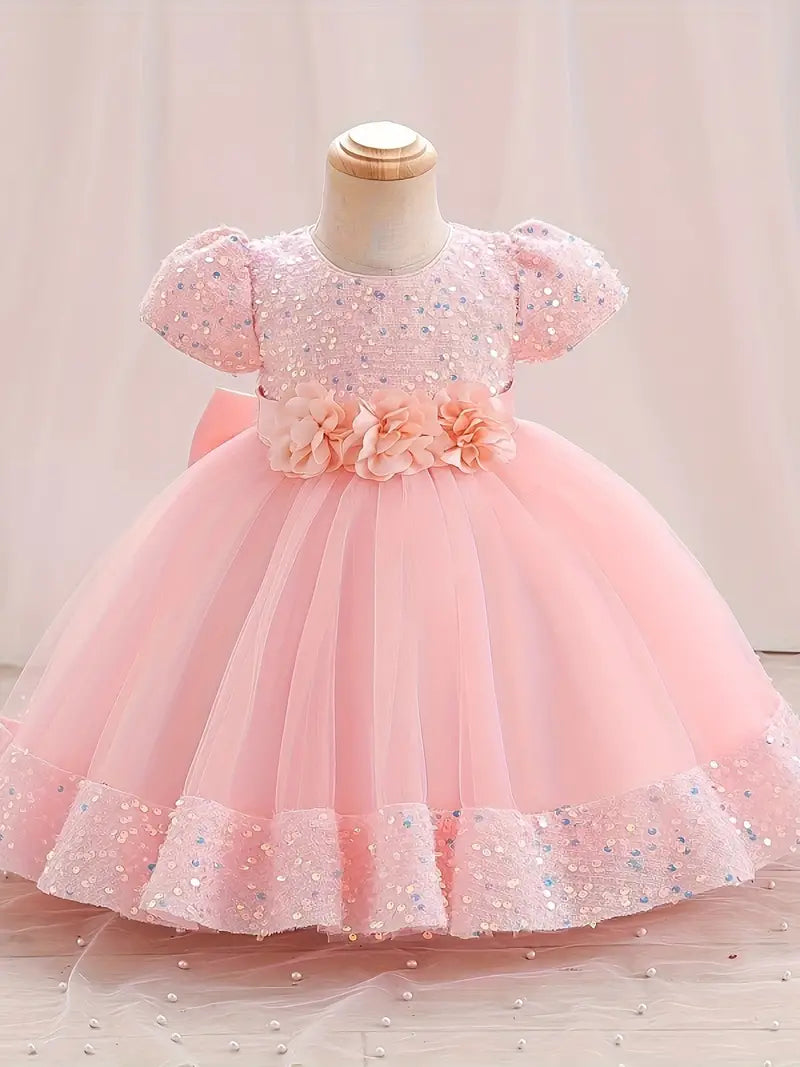 Robe fille de cérémonie bleu princesse – Tulle pailleté et fleurs décoratives