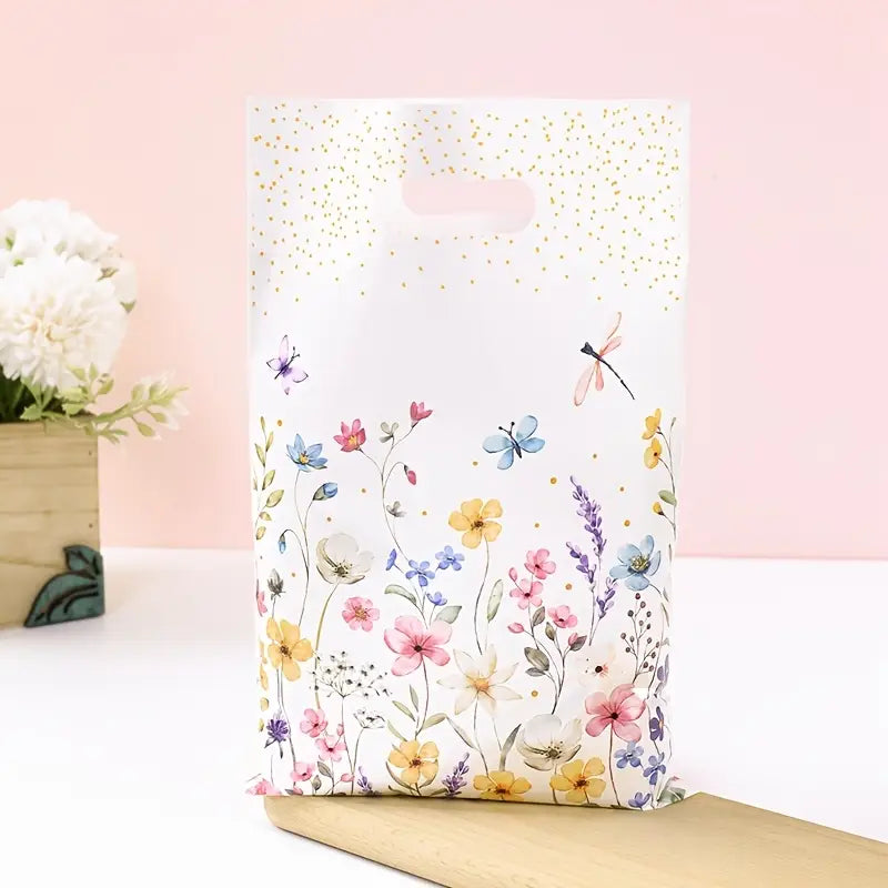 Sacs Cadeaux Plastique à Motifs Floraux – Sachets avec Poignée pour Anniversaire, Mariage et Emballages Cadeaux Élégants