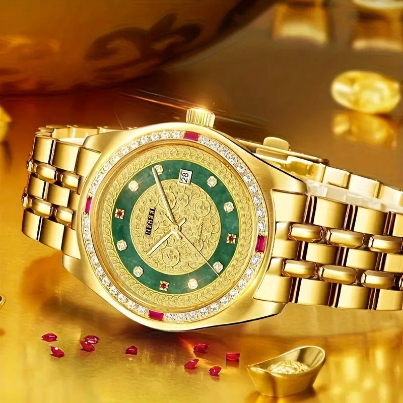 Montre homme luxe dorée – Bracelet acier or avec cadran vert et incrustations brillantes