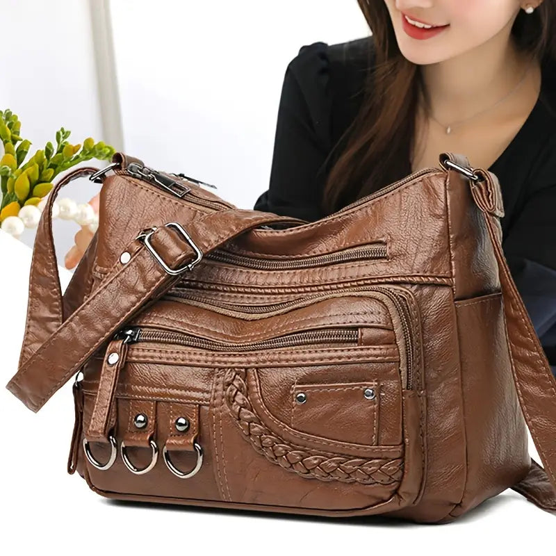 Sac Hobo noir en simili cuir pour femme  Grand sac à main tendance avec multiples poches zippées