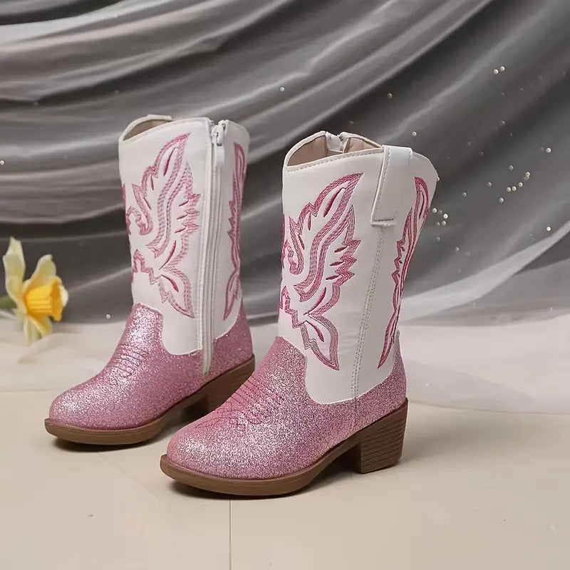 Bottes fille western pailletées roses et blanches – Style cowgirl chic