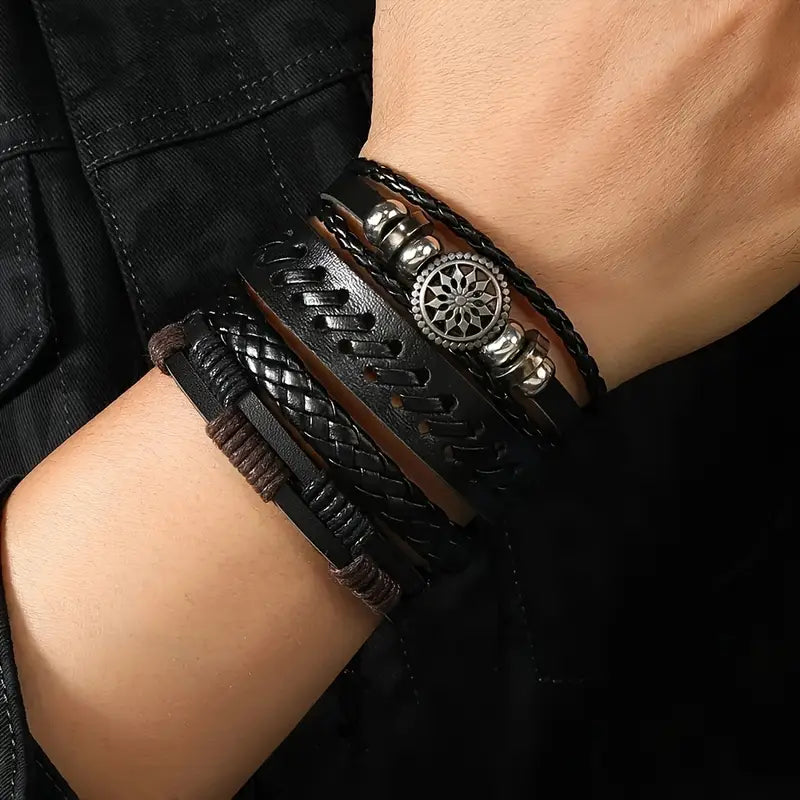 Bracelet homme cuir noir tressé multi-rangs – Bijou tendance avec perles et motif métal