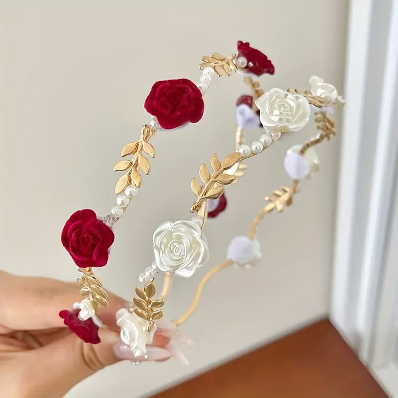 Couronne de mariage fleurie femme – Accessoire cheveux perles et roses rouges élégant