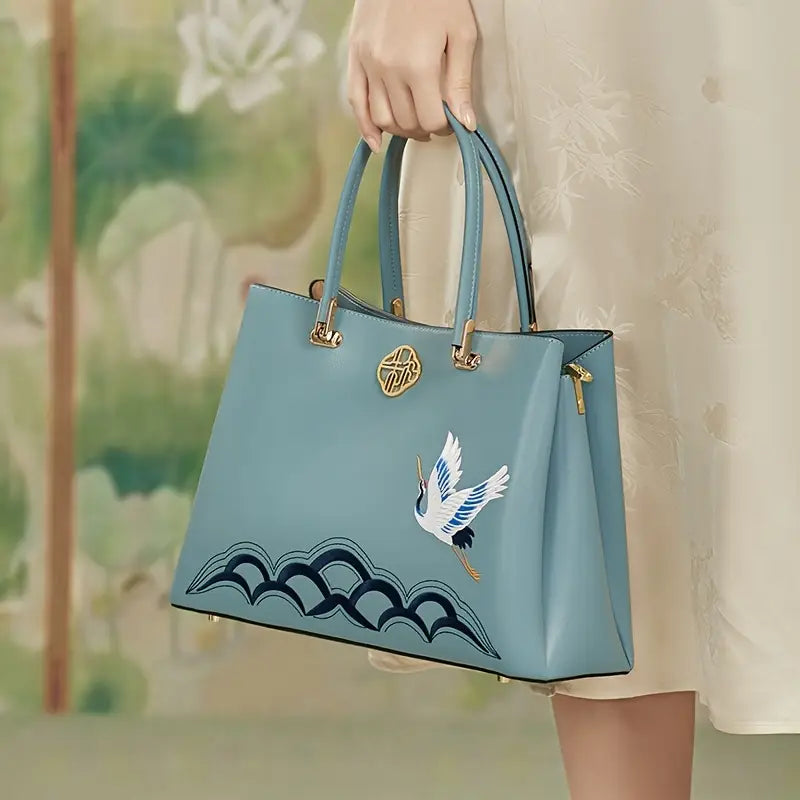Sac à main femme bleu élégant  Design japonais avec grue brodée et finitions dorées