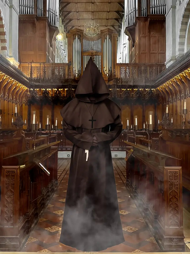 Robe de moine médiévale homme – Costume fantaisie religieux avec capuche et corde