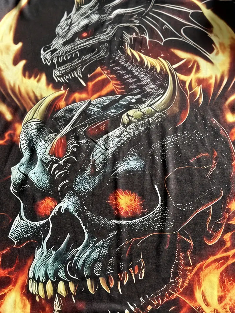 T-shirt fantaisie homme noir – Haut gothique dragon enflammé et crâne 3D réaliste