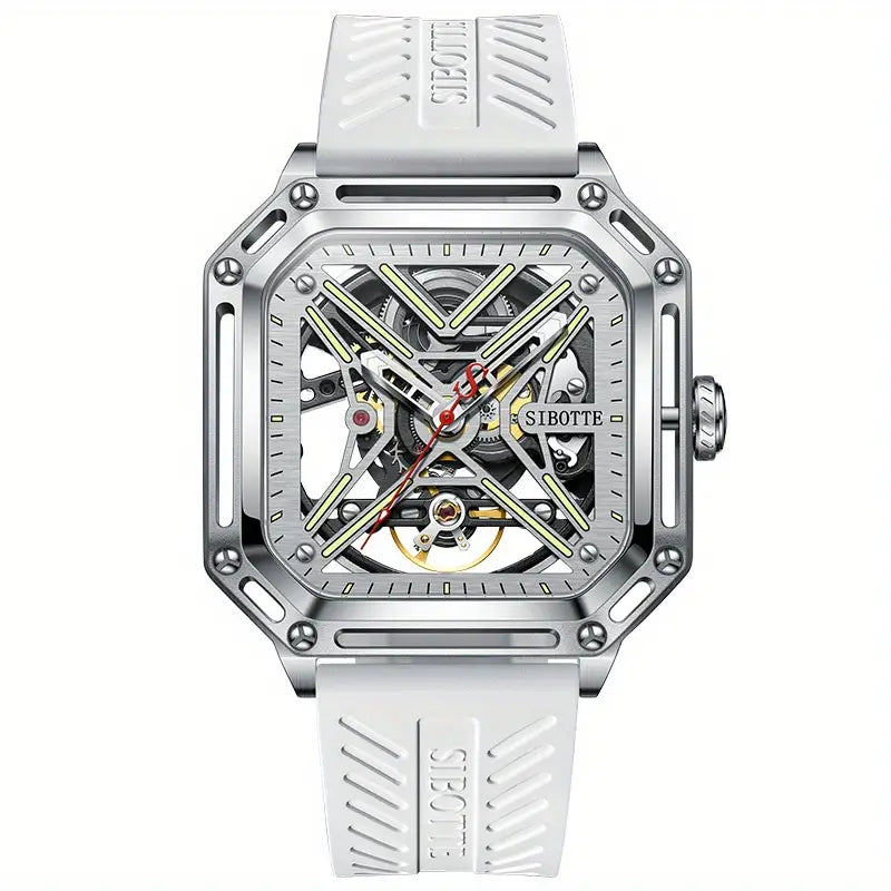 Montre homme squelette automatique – Design carré sport en acier inoxydable et bracelet silicone bleu