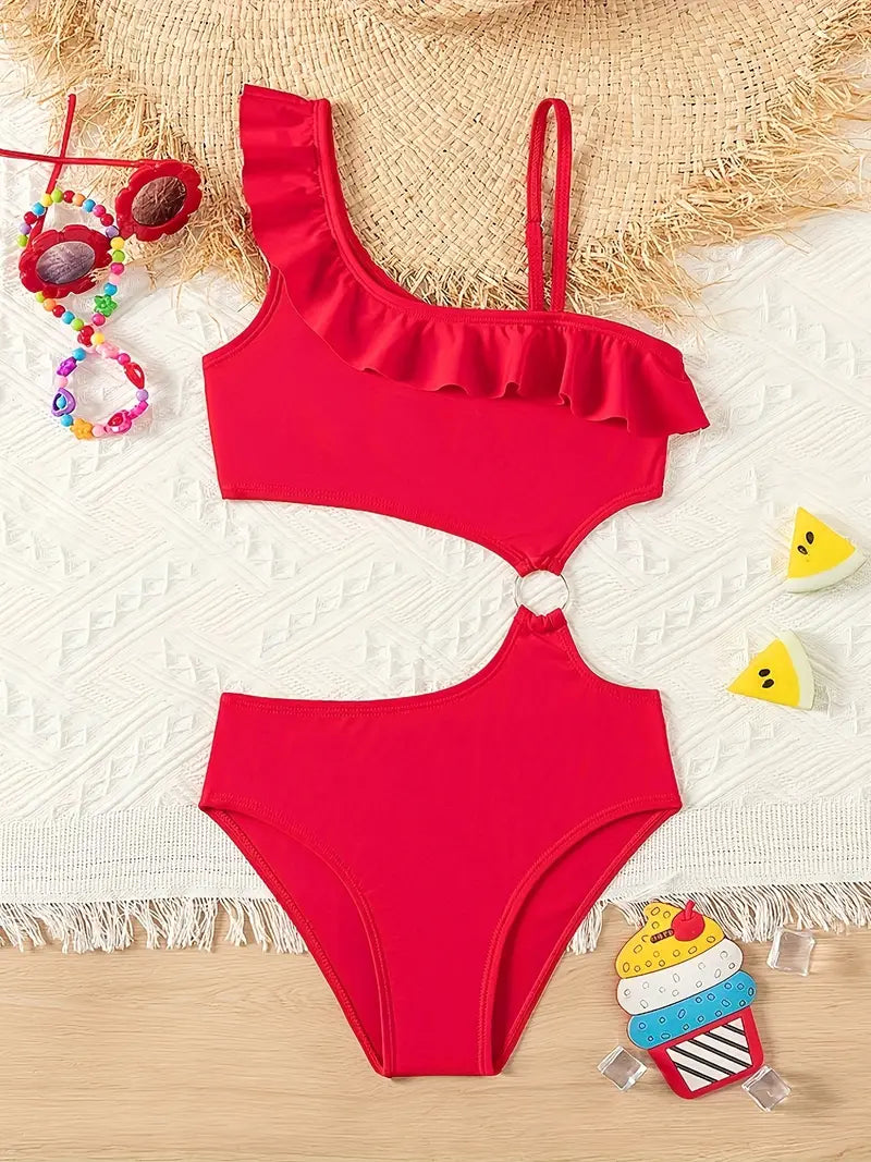 Maillot de bain fille noir une pièce asymétrique avec volant – Élégant et tendance pour l’été