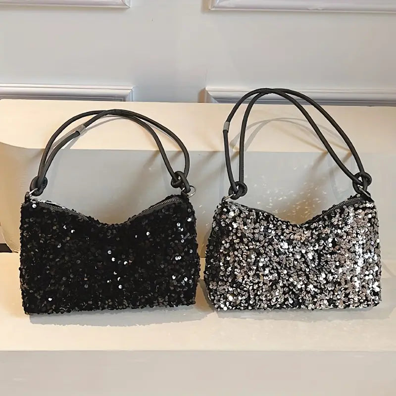 Pochette de soirée femme à sequins – Sac chic noir et argenté avec bandoulière