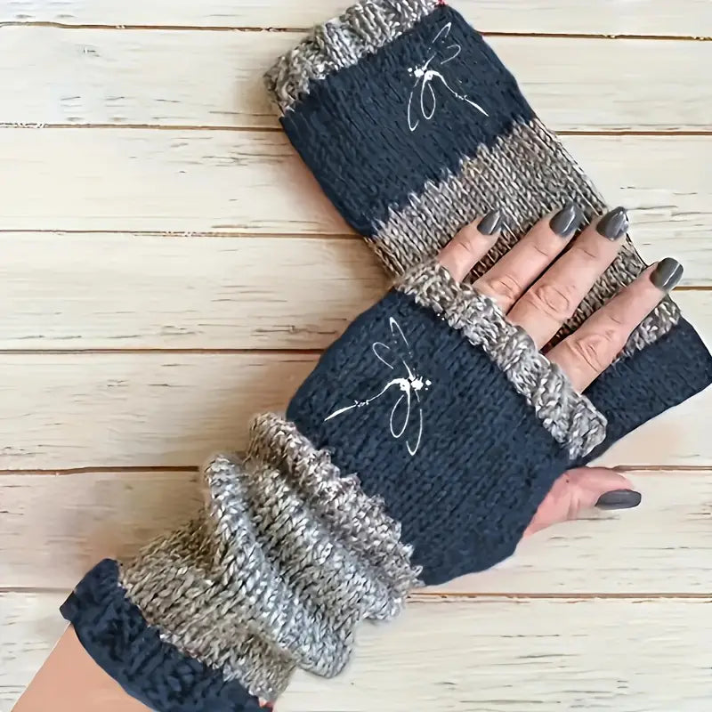 Mitaines en laine tricotées pour homme – Gants sans doigts chauds et confortables avec motif libellule
