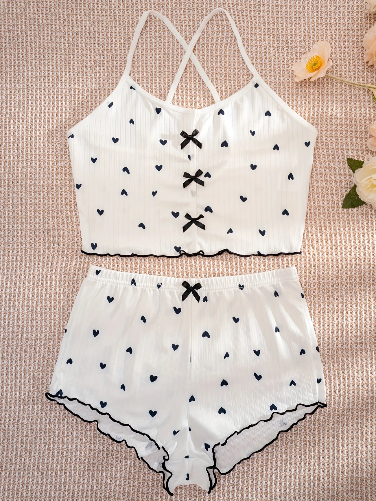 Pyjama Femme Été Côtelé Rose – Ensemble 2 Pièces Débardeur & Short à Cœurs