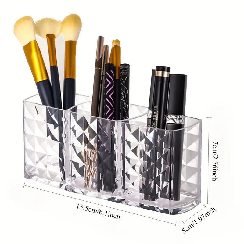 Organisateur Maquillage Transparent à 3 Compartiments – Rangement Pinceaux, Stylos et Accessoires Beauté
