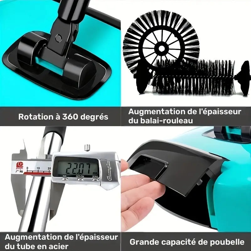 Balai Mécanique Rotatif 360° Sans Électricité – Ramasse-Poussière et Débris avec Brosse Intégrée