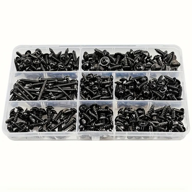 Lot de Vis Noires Auto-Perceuses avec Rondelle – Assortiment Multi-Tailles pour Bois, Métal et Bricolage
