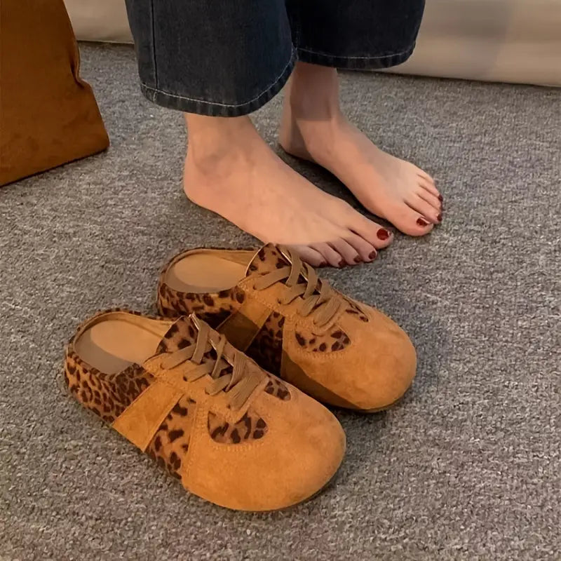 Mules fille à lacets motif léopard – Sabots décontractés en suédine confortable