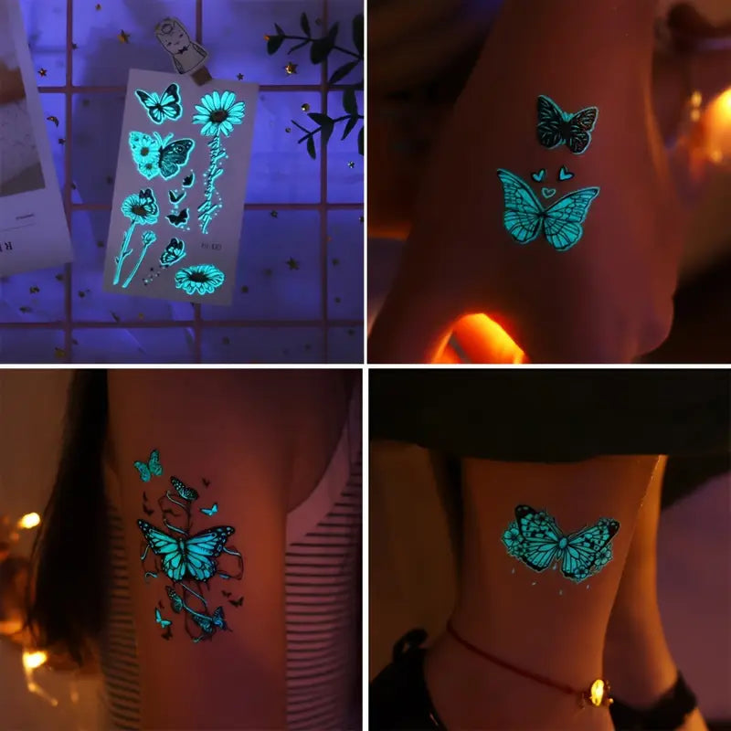 Tatouages Éphémères Papillons Jour & Nuit – 12 Feuilles Fluorescentes et Colorées pour Peau, Bras et Dos