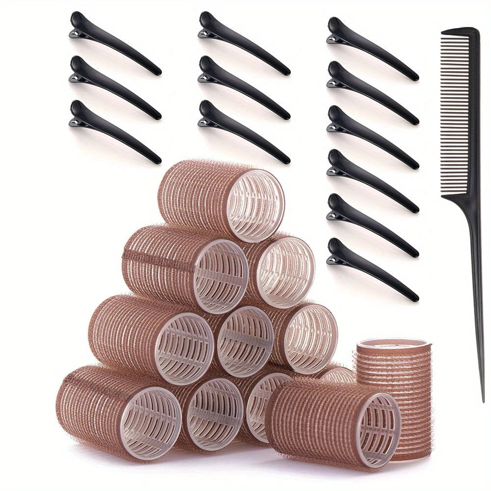 Kit Bigoudis Auto-Agrippants – 12 Rouleaux Volume + 12 Pinces + Peigne à Queue