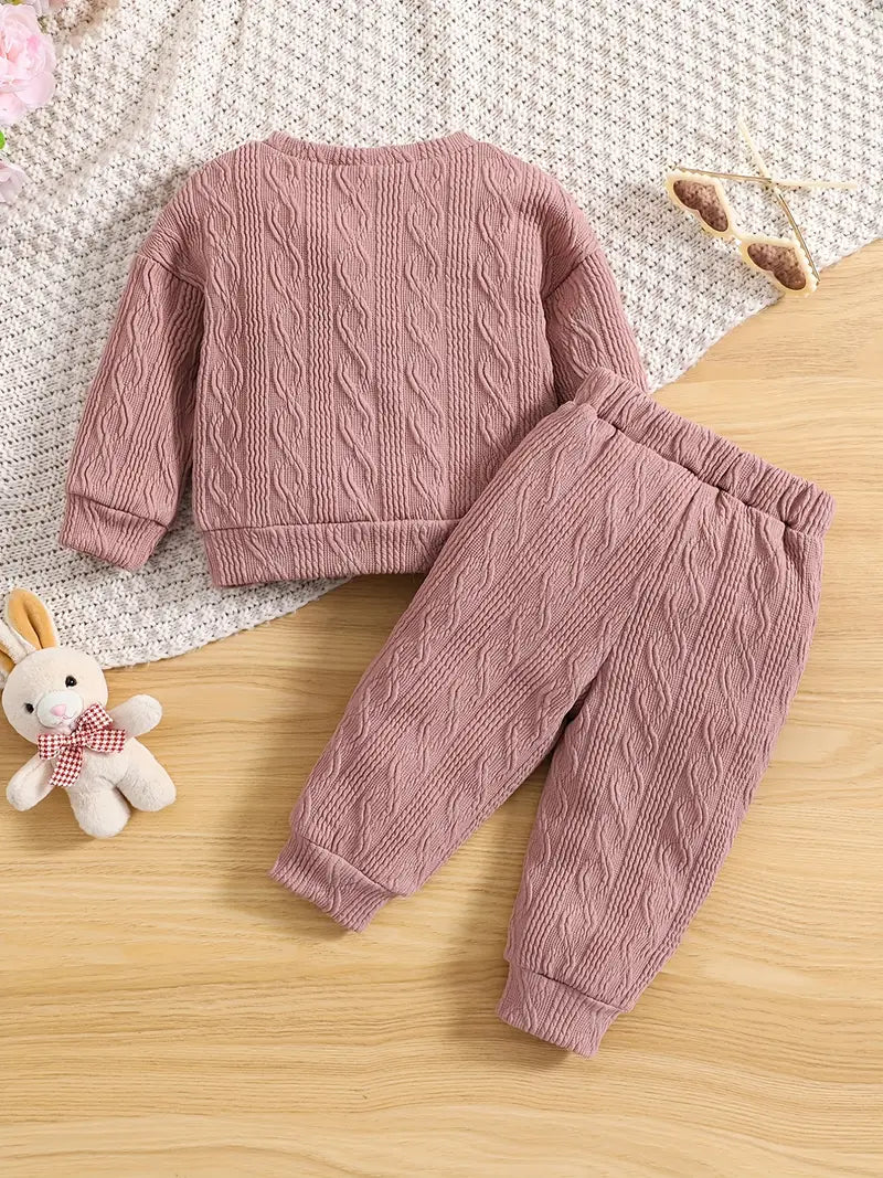 Ensemble Bébé Fille Tricoté Rose – Sweat Lapin avec Nœud & Pantalon Confort