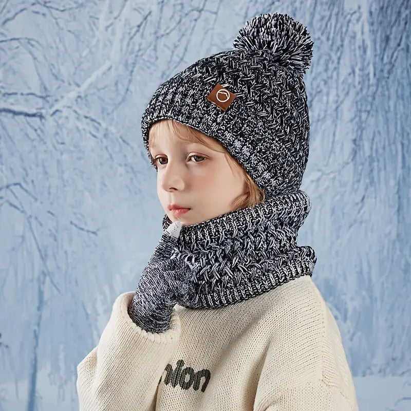 Ensemble Bonnet, Écharpe et Gants Enfant – Hiver Chaud Tricot avec Pompon