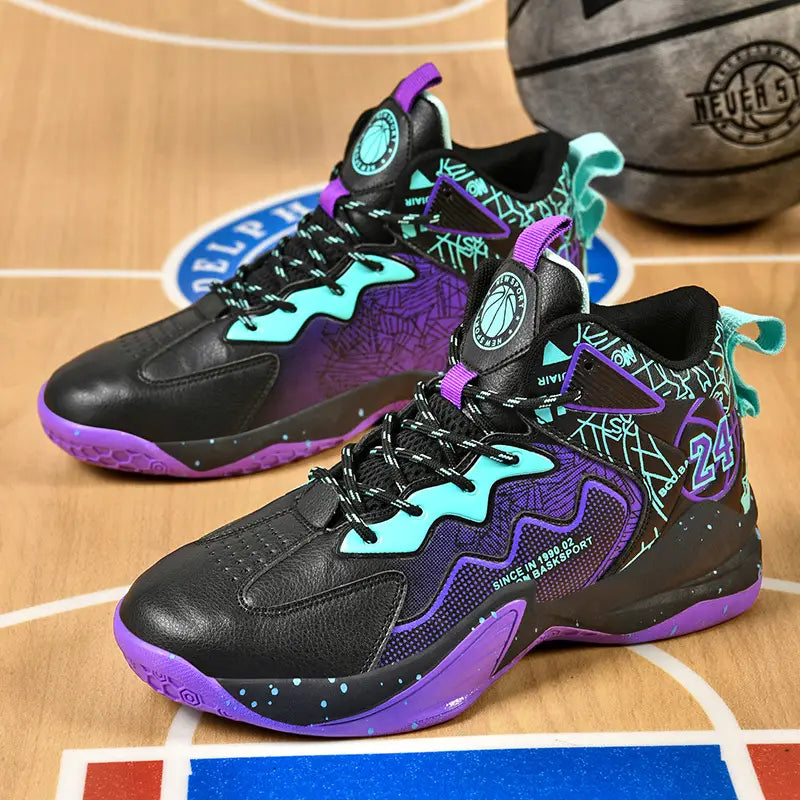 Baskets garçon – Chaussures de basketball montantes blanches et violettes avec semelle antidérapante
