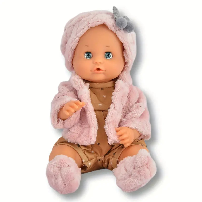 Poupée bébé réaliste 30 cm aux yeux bleus – Habillée en tenue d’hiver rose avec bonnet et chaussons