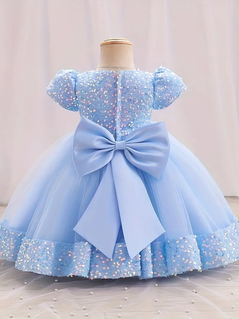 Robe fille de cérémonie bleu princesse – Tulle pailleté et fleurs décoratives