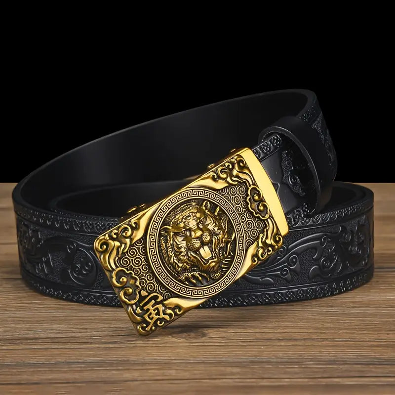 Ceinture homme en cuir noir avec boucle automatique dorée lion – Style luxe et détails gravés