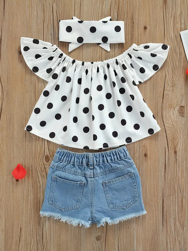 Haut bébé fille à pois avec bandeau assorti – Chemisier épaules dénudées chic et confortable