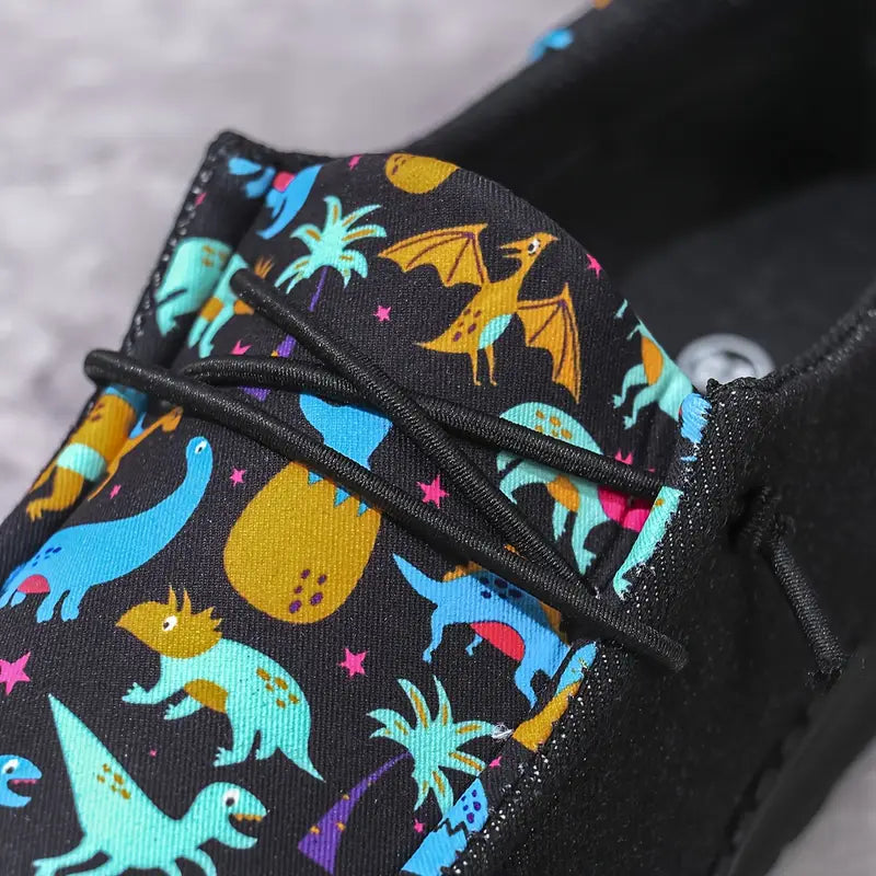 Mocassins garçon noirs imprimé dinosaures colorés – Chaussures sans lacets confortables et légères