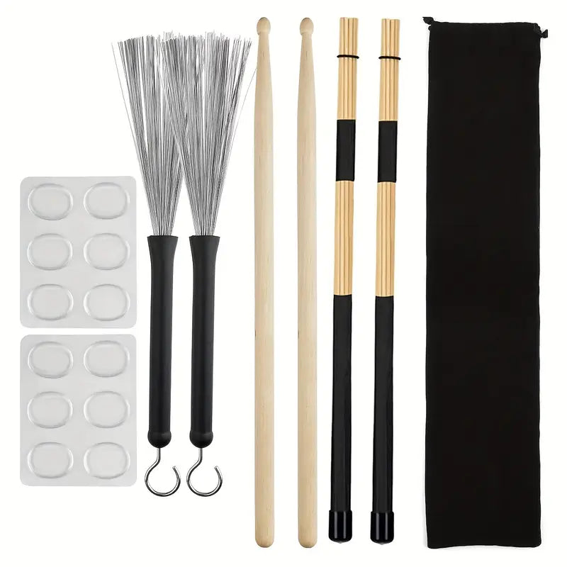 Kit Complet de Baguettes pour Batterie – Baguettes Classiques, Balais Métal, Hot Rods et Accessoires avec Housse de Transport