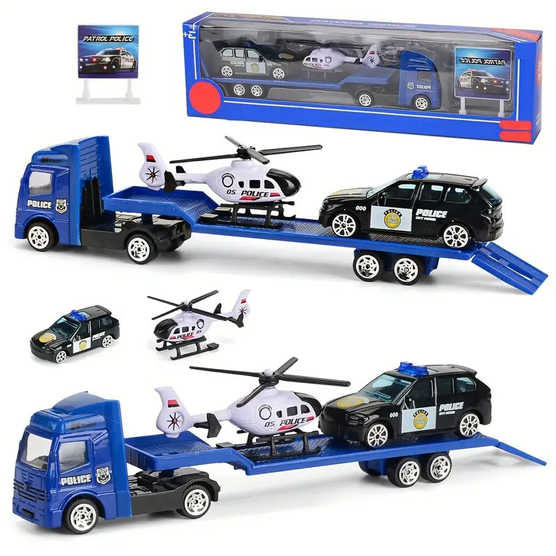 Camion Porteur Police avec Hélicoptère et Voiture – Coffret Jouet Transport de Police