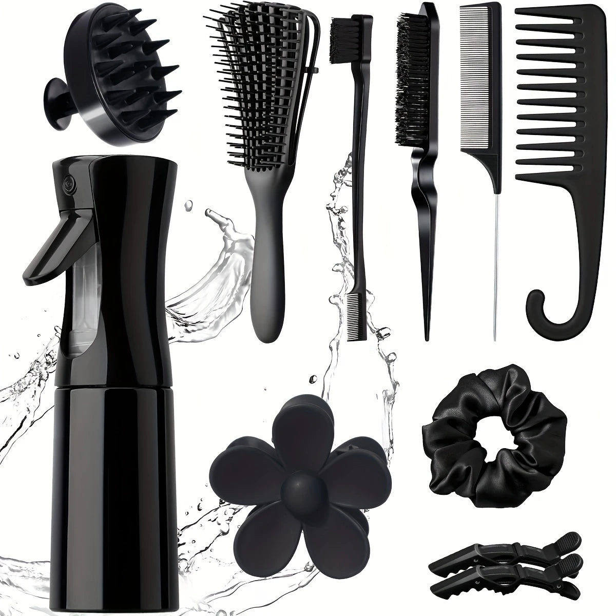 Kit Accessoires Cheveux 11-en-1 – Brosses, Peignes, Vaporisateur, Clips & Massage Cuir Chevelu