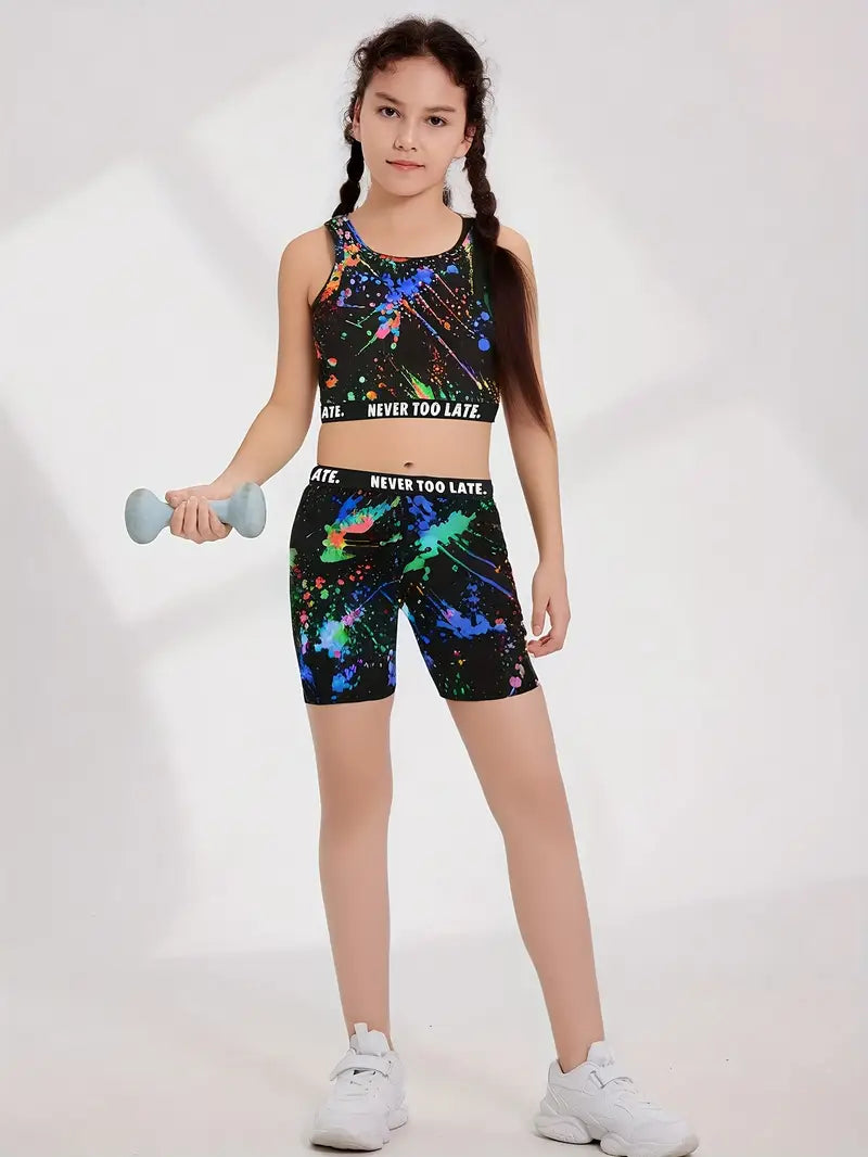 Ensemble fille camouflage bleu – brassière et short sport tendance, confortable et respirant