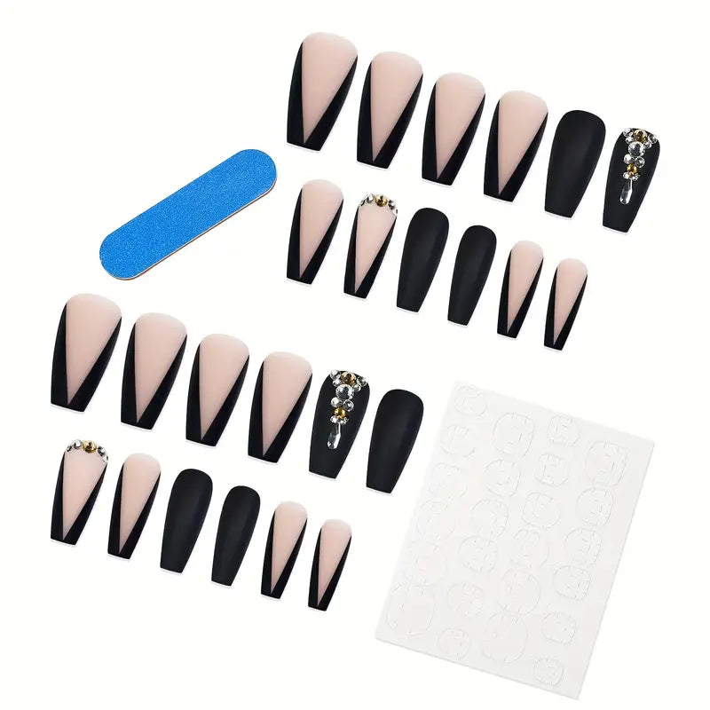 Faux Ongles Noirs et Nude Mat avec Strass – Design Pointu Élégant, Kit de 24 Pièces Prêt à Poser