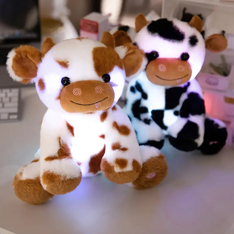 Peluche vache lumineuse noir/marron et blanc – Doudou LED doux et rigolo pour enfants