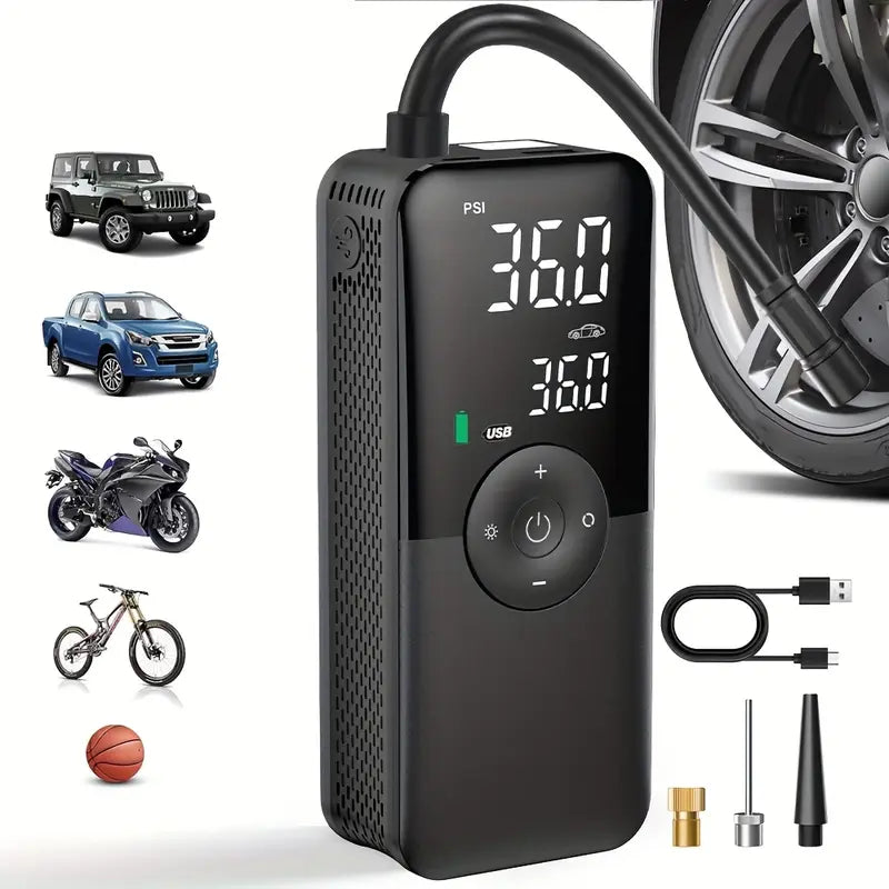 Compresseur d’Air Portable Électrique – Gonfleur USB avec Écran Digital pour Pneus Moto, Voiture et Vélo
