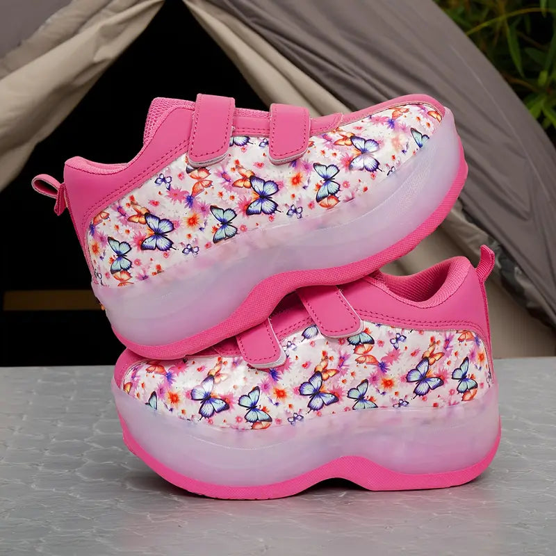 Chaussures de sport fille – Baskets roses à scratch avec imprimé papillons légères et tendance