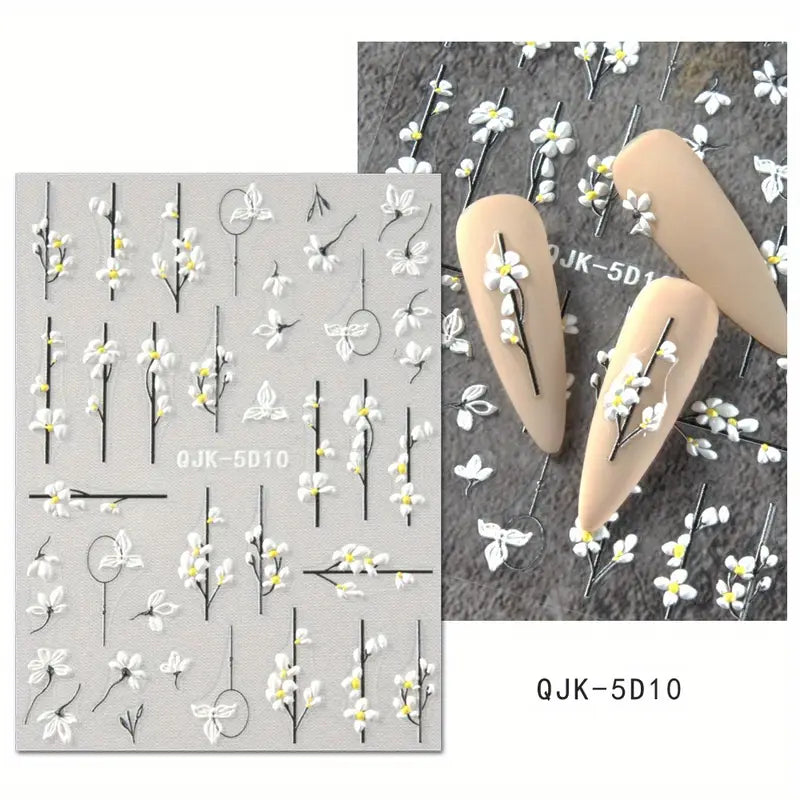 Stickers Nail Art Fleurs 3D – Décorations Ongles Autocollantes pour Manucure Florale Élégante