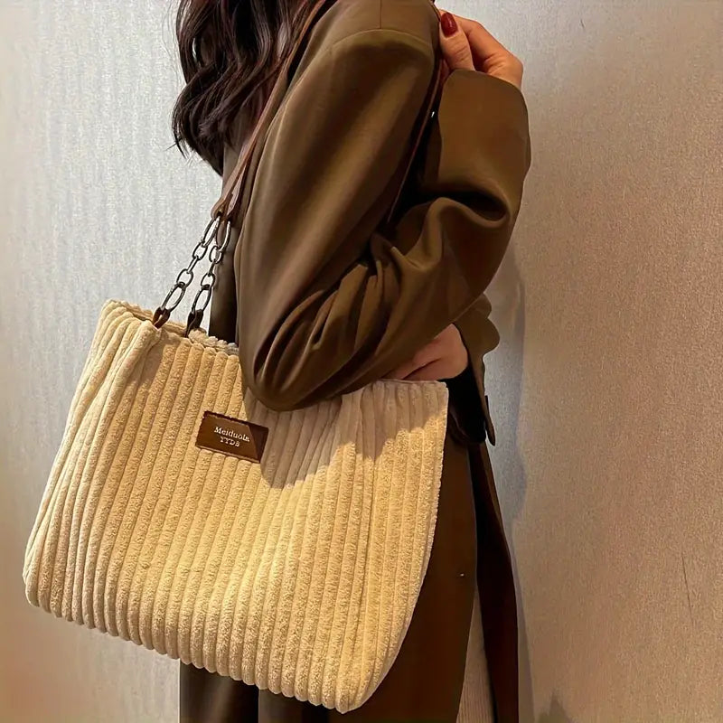 Sac Cabas Femme en Velours Côtelé Beige avec Anses Marron – Élégant et Tendance