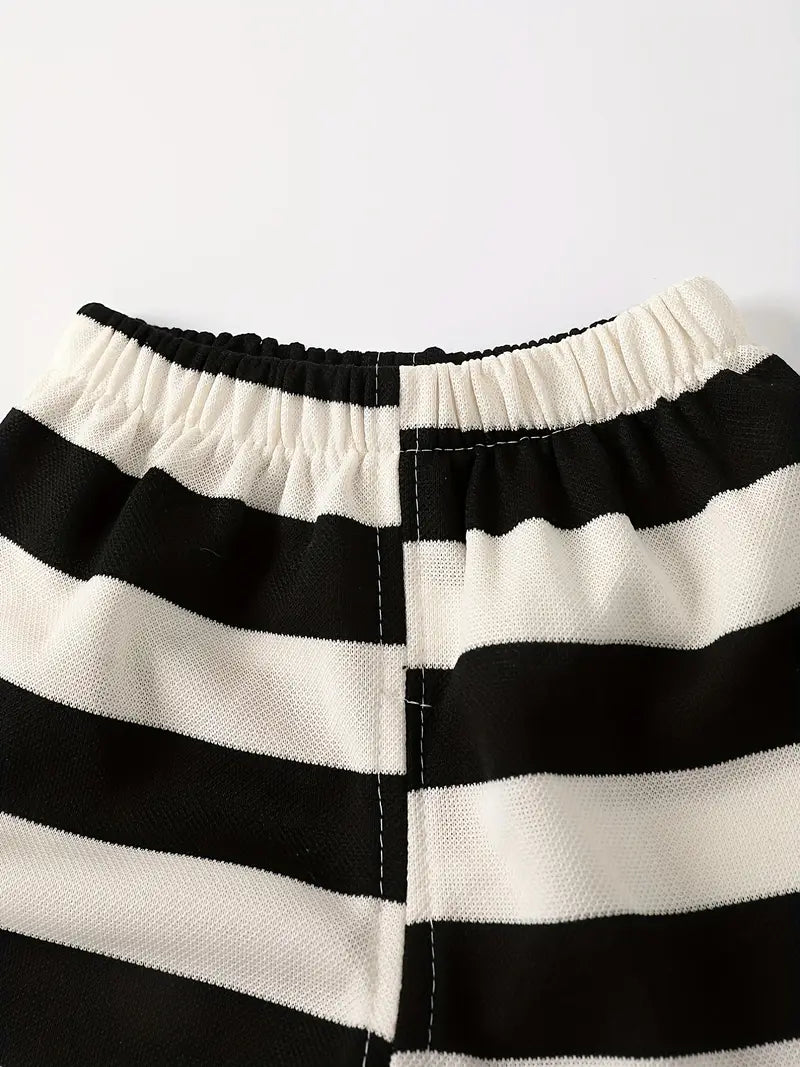 Ensemble chemise garçon rayé noir et blanc avec ourson brodé – t-shirt manches courtes et short été