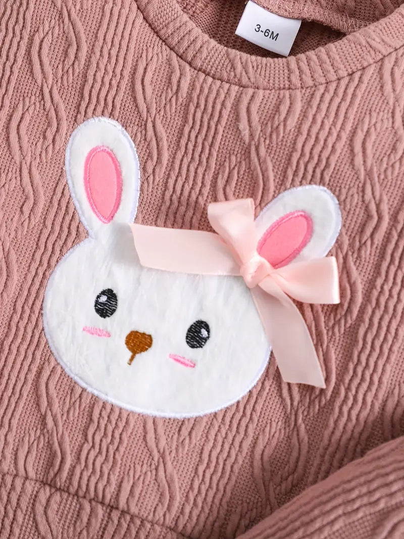 Ensemble Bébé Fille Tricoté Rose – Sweat Lapin avec Nœud & Pantalon Confort