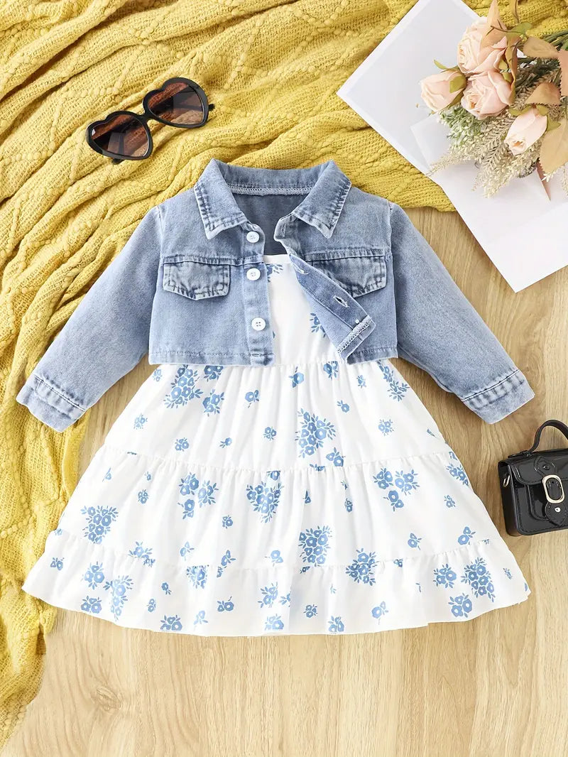 Robe Bébé Fille à Fleurs avec Haut en Jean – Tenue Printemps Été Élégante