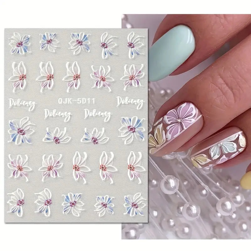 Stickers Nail Art Fleurs 3D – Décorations Ongles Autocollantes pour Manucure Florale Élégante