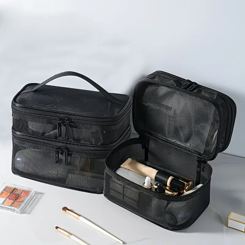 Trousse de maquillage noire à double compartiment Organiseur cosmétique grande capacité en maille respirante